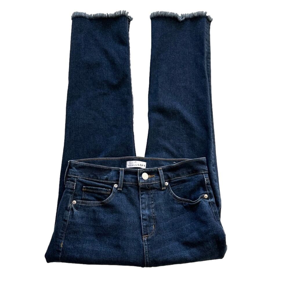 Loft Jeans Dark Wash High Waist Straight Leg Frayed Hem Denim Jeans Size 4 - Picture 6 of 12